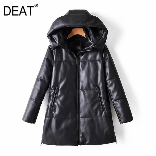 

[deat] loose fit leather brief warm woolen coat parkas hooded long sleeve women fashion autumn winter 13u081 211108, Black