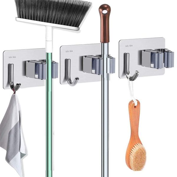 

wall mounted mop organizer holder adhesive multi-purpose hooks home storage rack bathroom suction hanging pipe household & rails