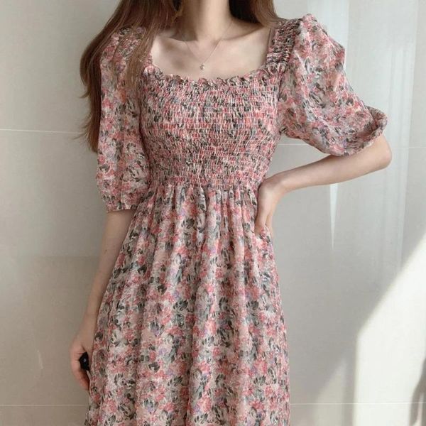 

casual dresses qweek vintage floral dress woman chic mori style retro puff sleeve ruched chiffon square collar elegant midi pastoral 2021, Black;gray