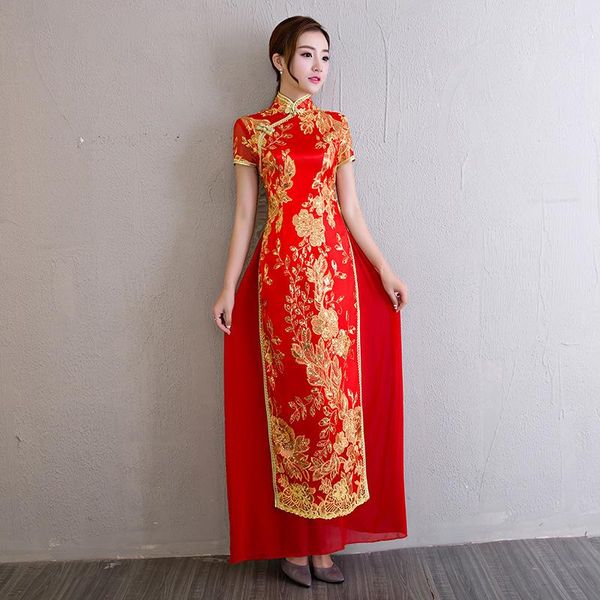 

ethnic clothing large size 3xl-4xl lady cheongsam short sleeve mandarin collar qipao chinese floral sequins long dress summer vestidos, Red