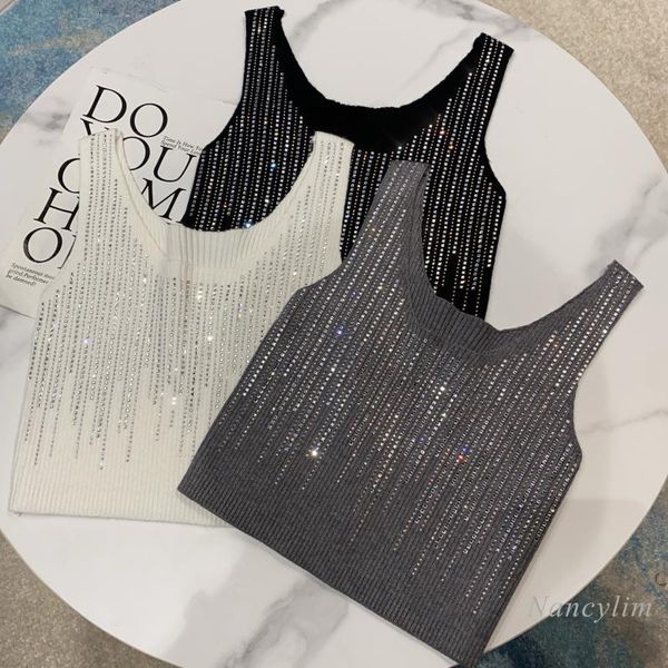 

camis autumn shining gradient rhinestone knitted short tank for women female lady crop, White