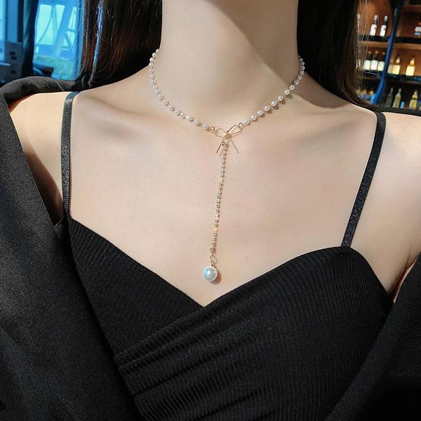 

chains 2021 trend retro design bow pearl tassel pendant necklace gentle and simple temperament for women colar, Silver