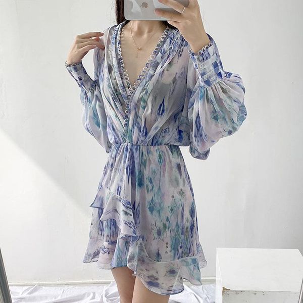 

casual dresses smudge print mini dress women lantern sleeve ruffled deep v-neck irregular ruffles robe, Black;gray