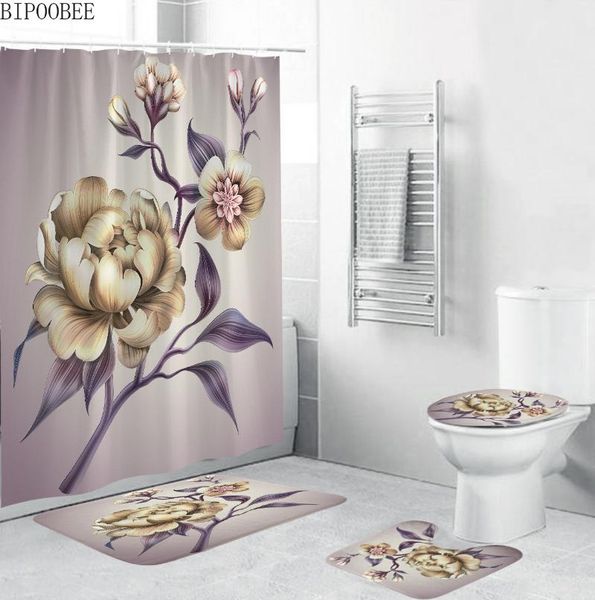 

beautiful flowers toilet cover bath mats fabric shower curtain flower branch bathroom curtains set pedestal rug non-slip carpet