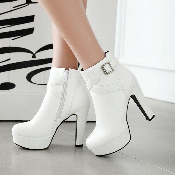 

boots fashion platofrm women square high heel ankle round toe zipper autumn winter plush woman shoes black white