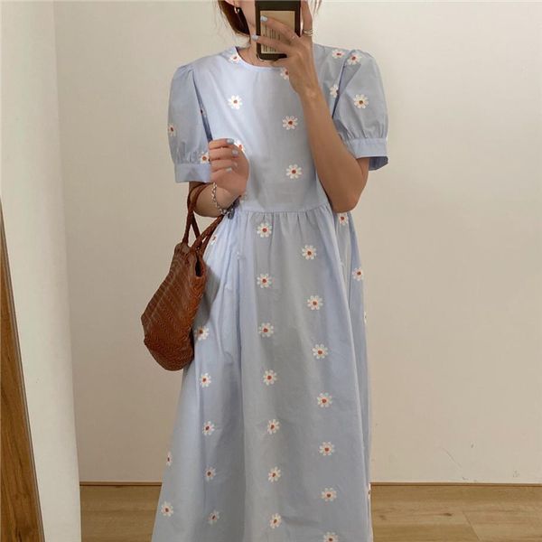 

vinatge floral embroidery elegant summer womens dress korean style puff sleeve party long dresses vestidos, Black;gray