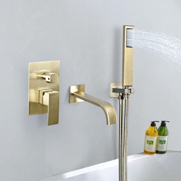 

stainless steel brushed gold square rainfall shower head in wall mixer taps bathtub system and cold faucet bathroom sets