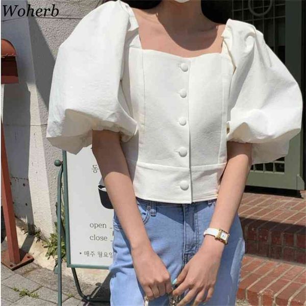 

korean vintage women blouses shirt summer lantern sleeve square collar elegant ladies fashion blusas mujer 210519, White