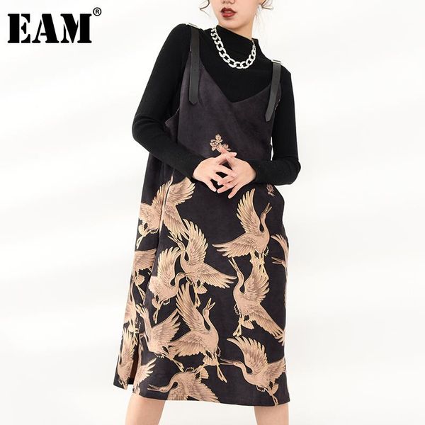 

[eam] women pattern printed suede temperament dress v-collar sleeveless loose fit fashion tide spring autumn 2021 1dc35301l casual dresses, Black;gray