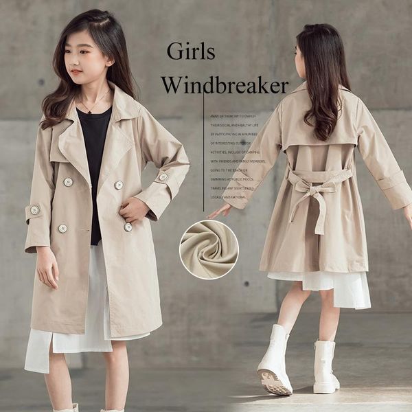 

teen girls windbreaker 2021 spring fashion double breasted overcoat khaki child outerwear autumn mid-length kids trench coat, Blue;gray
