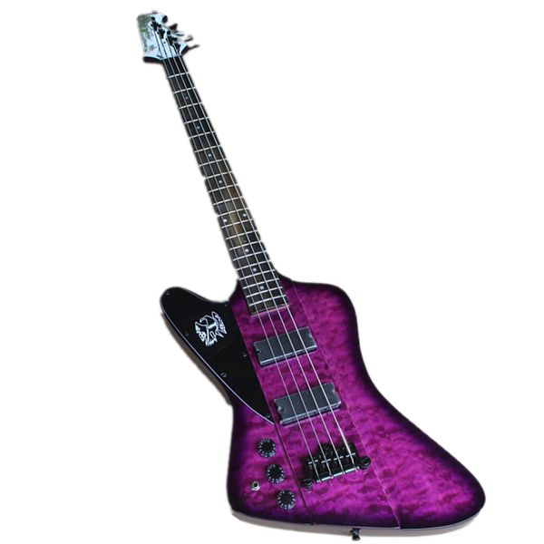 Texto canhoto 4 cordas Roxo corpo elétrico Baixo guitarra com 2 pickups, hardware preto, pode ser personalizado