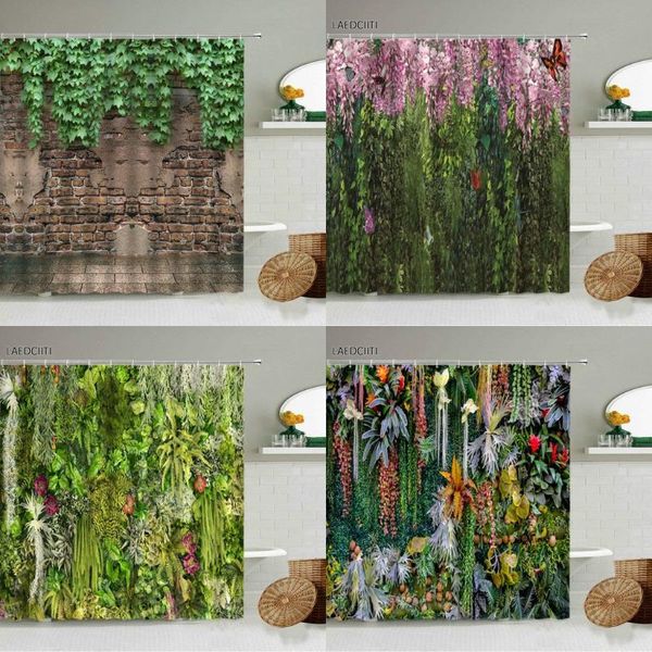 

shower curtains green plants flowers scenery curtain vines garden tropical jungle pography brick wall bathroom decor waterproof screen