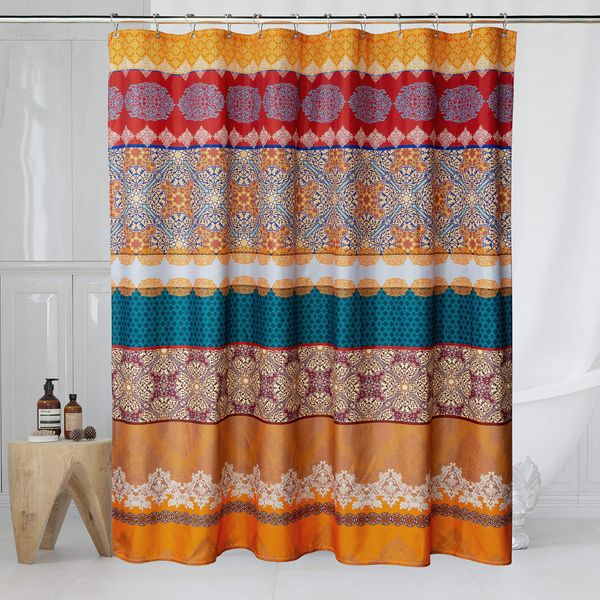 

fabric boho shower curtain set with 12 hooks for bathroom, waterproof and machine washable - 72" x 72", orange and blue
