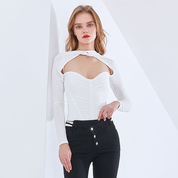 

blouses black ruched slim jumpsuit for women o neck long sleeve high waist hollow out bodysuit female fashionable, White