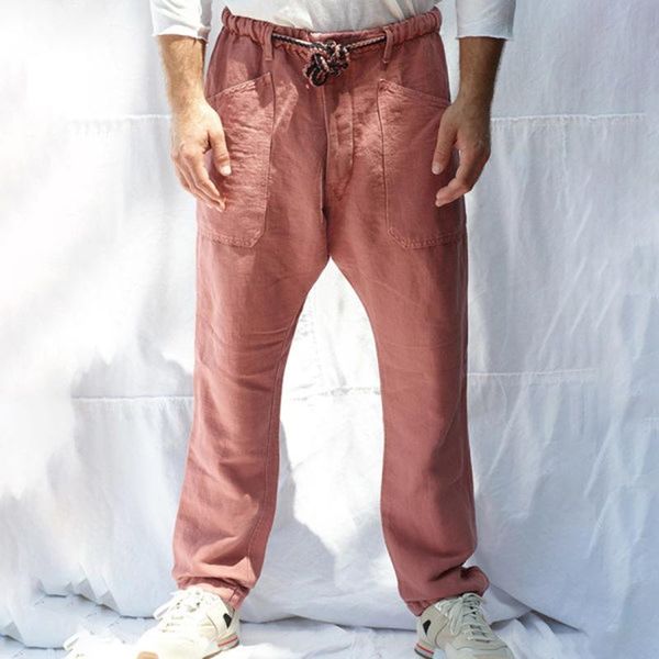 

men's pants casual lace-up mid waist trouser 2021 spring autumn solid cotton linen men mens big pocket design fashion streetwear, Black