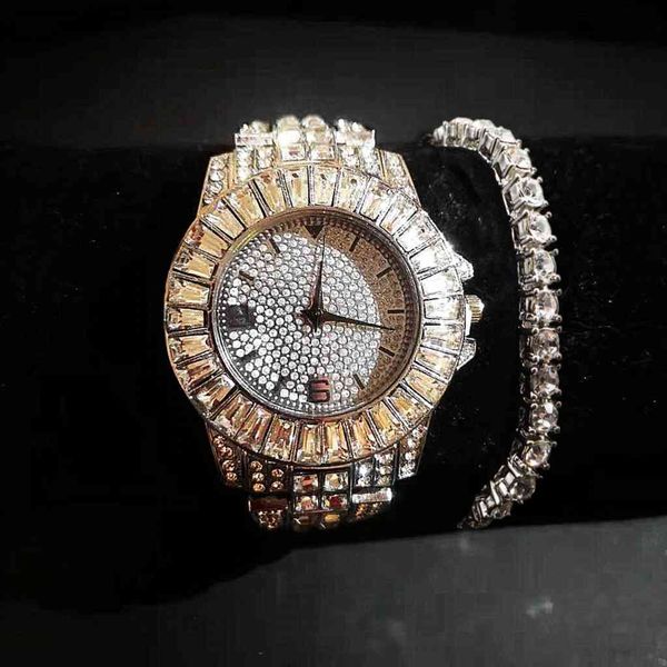 

2pcs/set iced out watch + tennis bracelet for men nice simple hip hop gold ladies women watches relojes para mujer gift, Slivery;brown