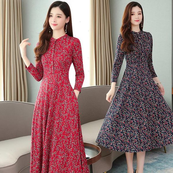 

womens dresses vintage floral cotton midi autumn winter 4xl plus size print long sleeve dress elegant women bodycon vestidos, Black;gray