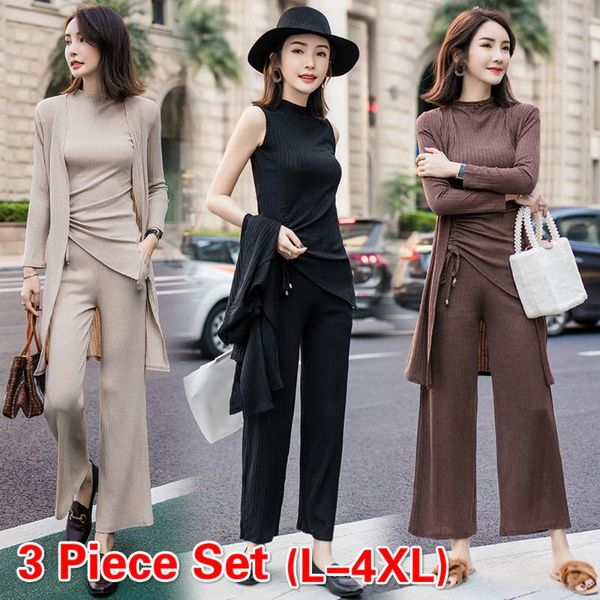 

piece set women plus size 4xl slim three-piece fashion spring autumn long sleeve women's wide-leg pants suit tracksuits, Gray