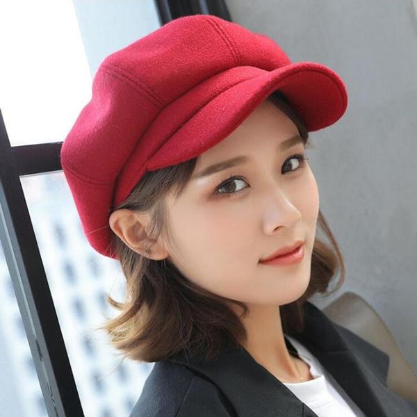 

beanies adjustable winter beret for women solid plain octagonal sboy cap ladies casual wool hat girls fashion painter