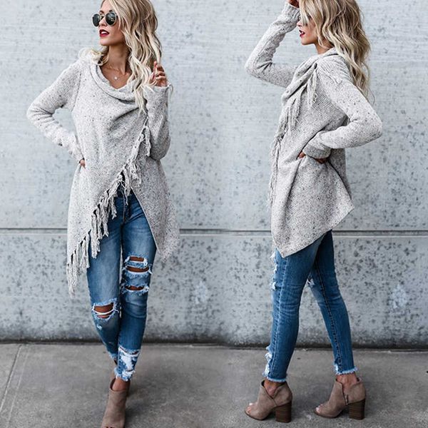 Frauen Gestrickte Warme Pullover Winter Strickjacken Langarm Quaste Fringe Schal Poncho Übergroßen Strickjacke X0721