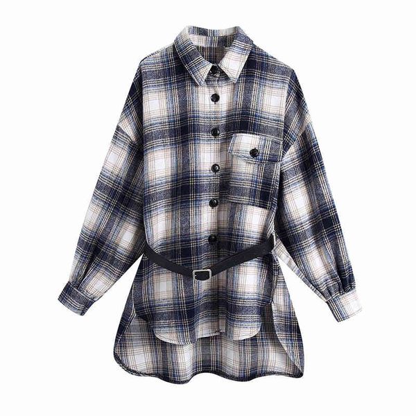 

women's trench coats streetwear women plaid shirts fashion ladies pocket sashes shirt elegant female blue long loose chic gir, Tan;black