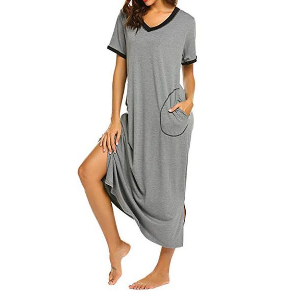 

women's sleepwear fashion women soild colors v-neck pocket sleepshirts summer casual short sleeve loose t shirt long dress nightgowns n, Black;red