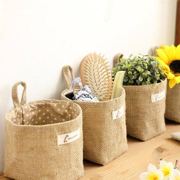 

storage bags cotton and linen cloth art flower pot small sack jute basket hanging deskcollecting