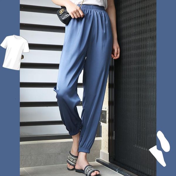 

summer thin casual harem sport womens pant solid high waist ankle length loose joker breathable elastic, Black;white