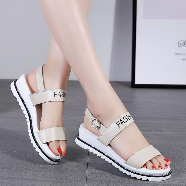 

dress shoes oukahui summer fashion genuine leather ankle wrap sandals women platform solid color buckle woman casual med heel 4.5cm, Black