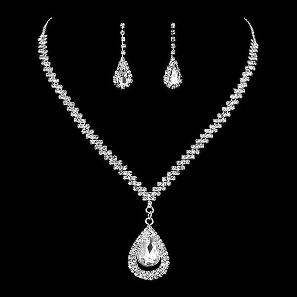 

earrings & necklace cute female water drop jewelry set charm silver color wedding dangle for women trendy white zircon chain