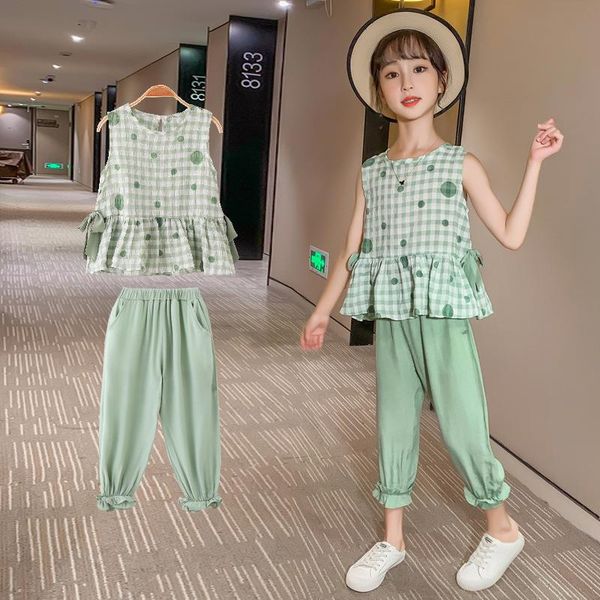 

summer korean baby girls clothing set children bow and pants suit 2pcs kids plaid clothes fashion outfit 3-12y sets, White