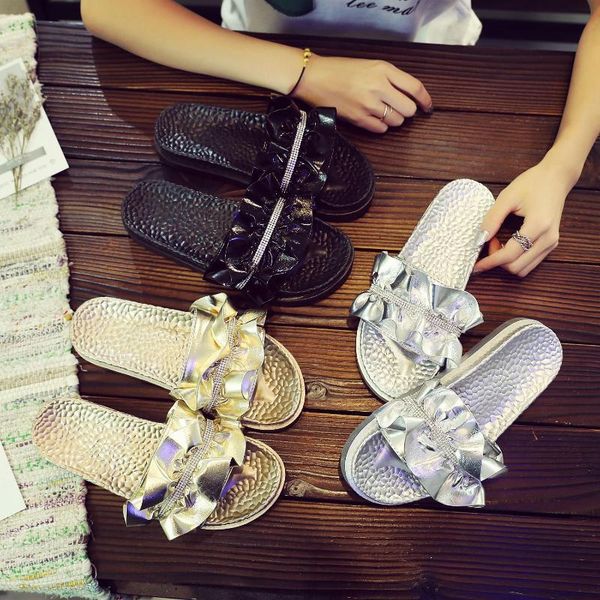 

slippers flat shoes female low pu fabric bling basic pvc, Black