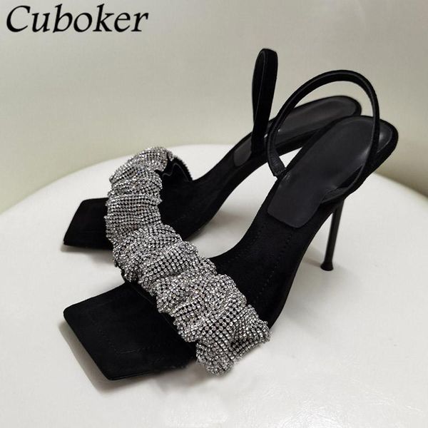 

sandals brand runway high heel crystal stiletto bling clothes square toe slides ladies summer fashion shoes women mujer, Black