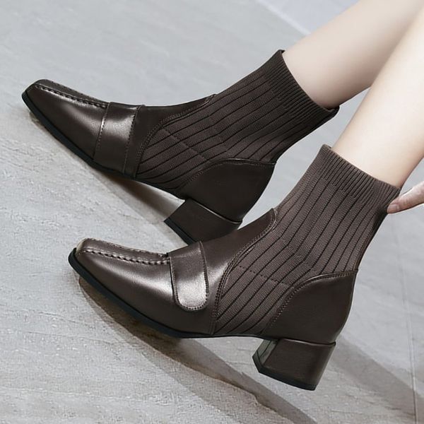 

fashion women's boots autumn winter 2021 korean square head heel splicing comfortable middle tube, Black