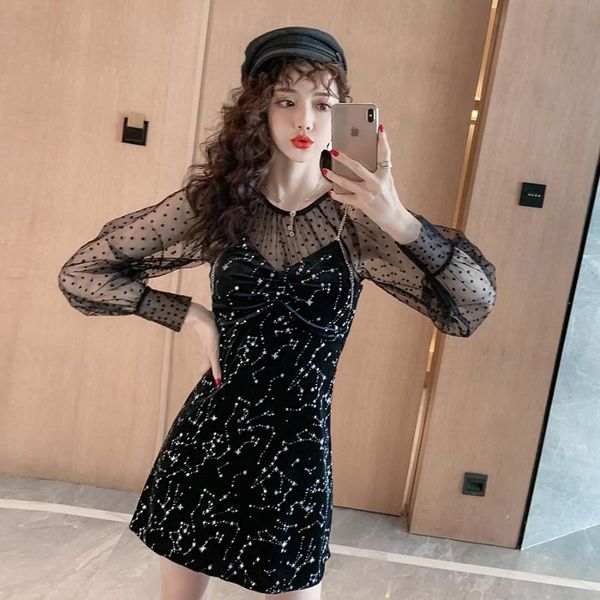 

casual dresses fall 2021 french chic little black velvet strap dress long-sleeved brim two suits, Black;gray