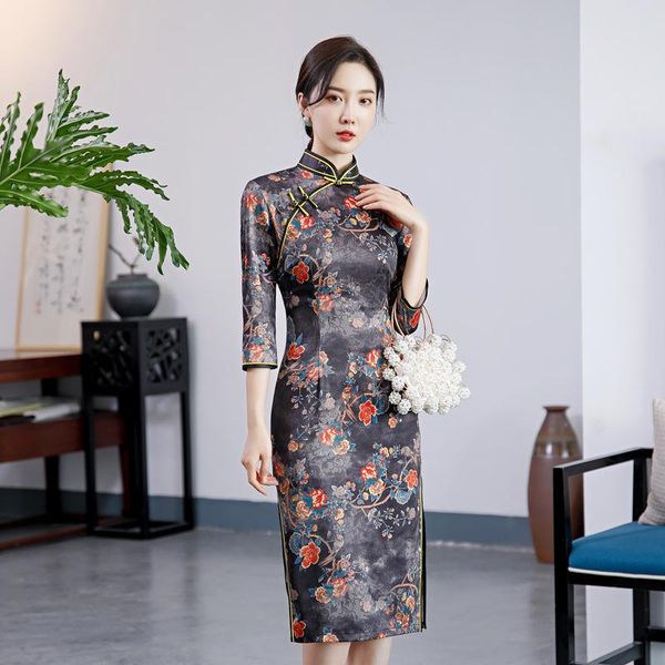 

ethnic clothing gray novelty print flower women short cheongsam high split half sleeve wedding party gown elegant mandarin collar qipao, Red