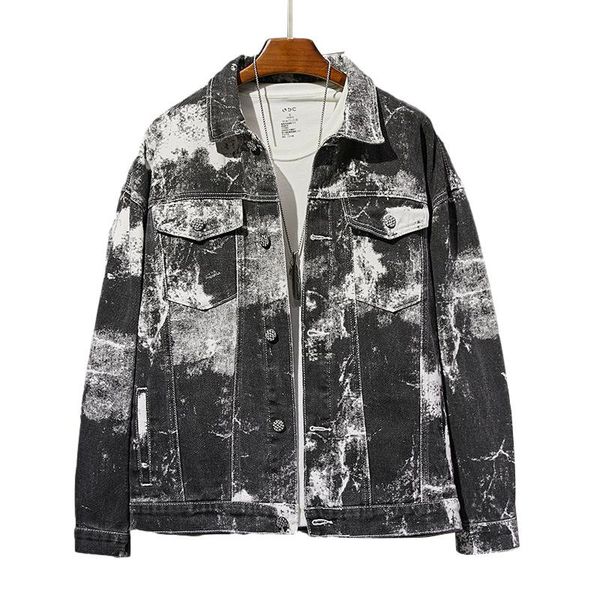 

men's jackets denim jacket 2021 splash ink tie-dye washed loose casual embroidery long-sleeved mens coat, Black;brown