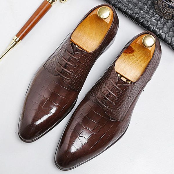 

dress shoes luxury designer man formal wedding genuine leather alligator pattern oxfords pointed toe laces men's party flats ss525, Black