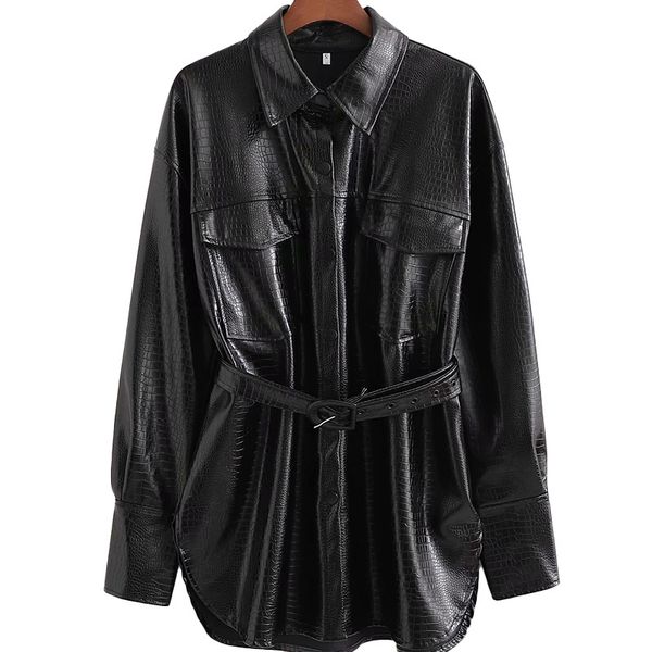 Mulheres moda retro textura cinturão pu artificial roupas de couro feminino locomotiva único casaco longo breasted 210520