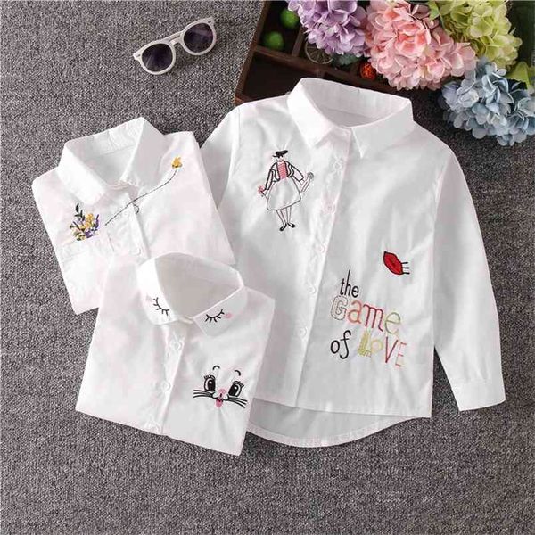 Arrivo Ragazze Camicetta bianca Autunno Carino maniche lunghe Bambini Cartoon Camicie Ragazza Camicette Gatto Adolescente Abbigliamento scolastico Bambini Top 210622