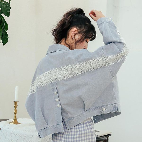 

women's jackets women short denim jacket female lace flower patchwork boyfried jean 2021 spring streetwear pearl buttons loose coat, Black;brown