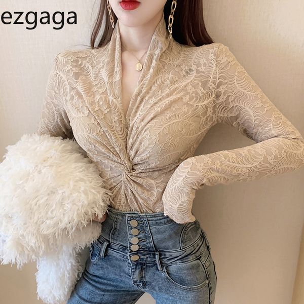 

ezgaga lace patchwork women blouse spring thin deep v-neck long sleeve slim korean clubwear elegant shirts fashion 210430, White