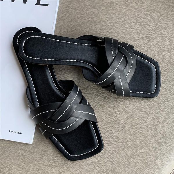 

prova perfetto selling star style women summer sandalias black and white square toe flat fashion shoes leather female sandals
