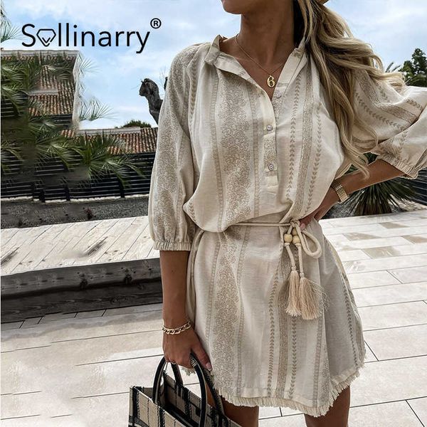 

sollinarry autumn beach lace up women dress cotton stripes a-line v neck female mini dress regular 3/4 sleeve ladies short dress 210709, Black;gray