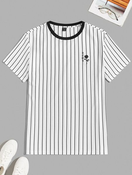 

men striped print floral and japanese letter embroidery tee x9u3#, White;black