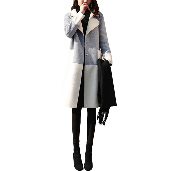 

women's wool & blends korean women stitching coat autumn winter elegant plus size fashion mid-length woolen jacket female overcoat tide, Black