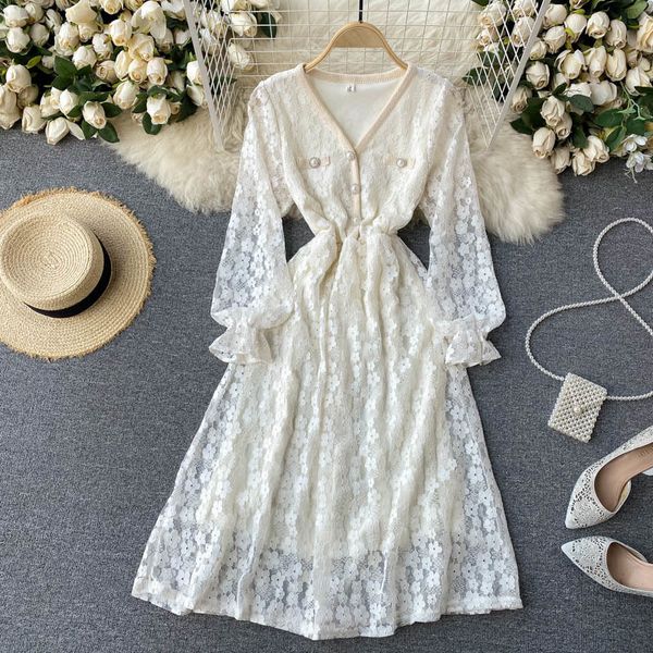 

two piece dress french romance floral lace patchwork v-neck hollow out long sleeve high waist midi spring summer fashion vestidos, White