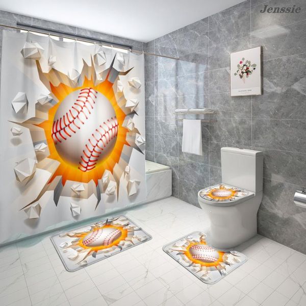 

shower curtains cartoon big baseball pattern sets with carpet cover toilet bath mat wall breaking