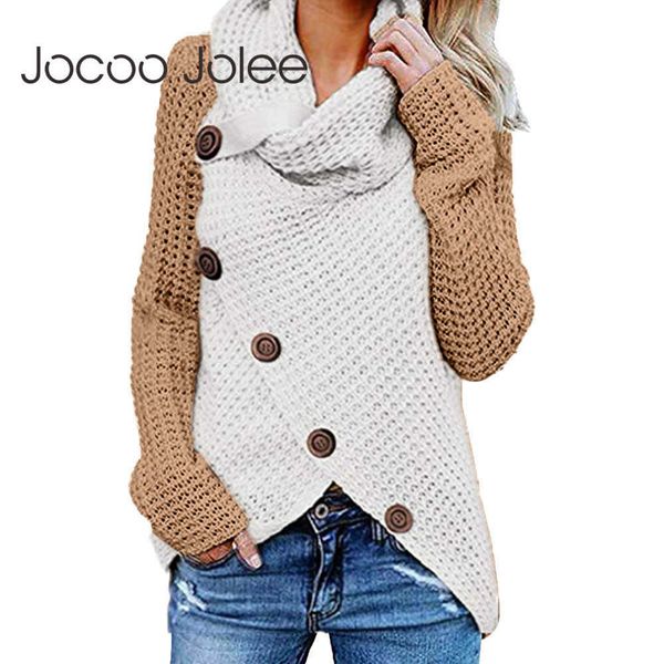 

jocoo jolee elegant button irregular sweater winter patchwork turtleneck knitted sweaters cardigan vintage harajuku pullovers 210619, White;black