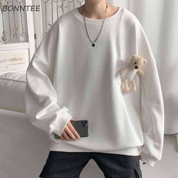 

no hat hoodies men patchwork teddy bear cute round neck soft couples sweatshirts long sleeve korean style all-match autumn chic, Black